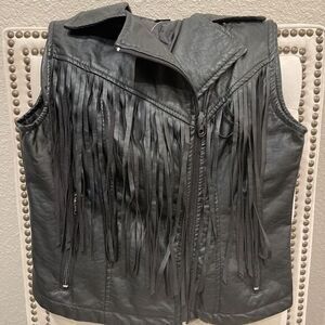Vintage Fringe Black Faux Leather Vest.  Romantic Western Biker Babe Vibe Size M